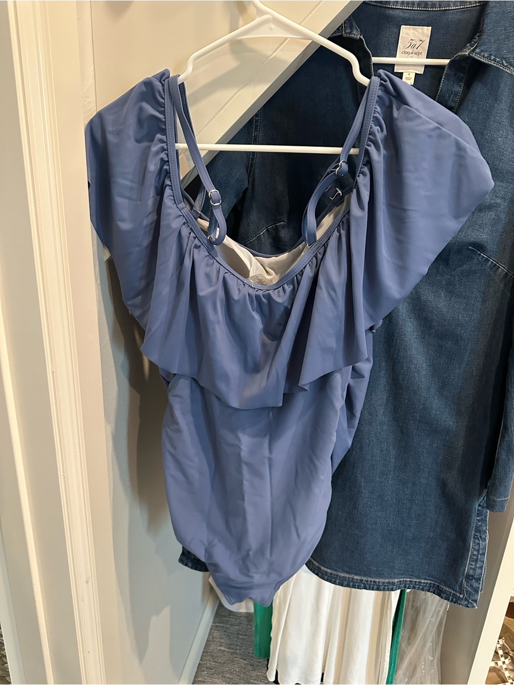 Pink blush Maternity off-the-shoulder ruffle one-piece swimsuit - Picture 4 of 5